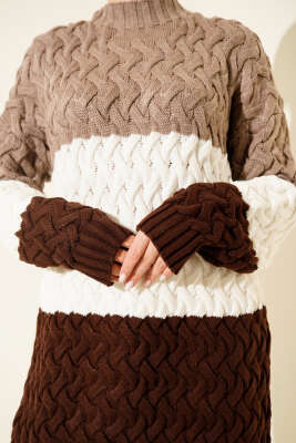 Üç Renkli Örgülü Triko Tunik Vizon - Günün Seçilenleri