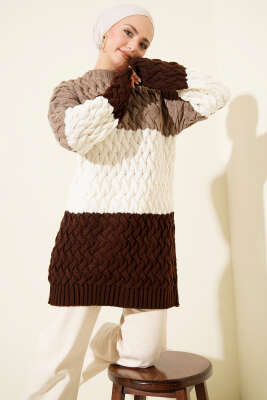 Üç Renkli Örgülü Triko Tunik Vizon - RAFİMİX