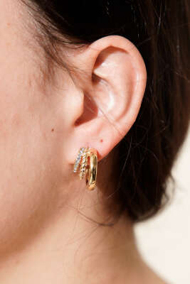 Üç Sıralı Karma Dokulu Halka Küpe Gold - DEMİR BİJUTERİ