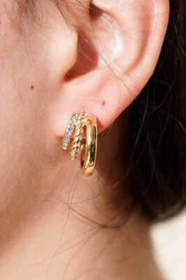 Üç Sıralı Karma Dokulu Halka Küpe Gold - Küpe