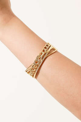 Üç Sıralı Zincir Detaylı ve Taşlı Kelepçe Bileklik Gold - DEMİR BİJUTERİ