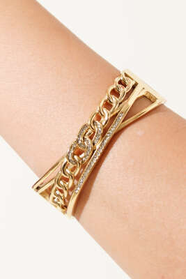 Üç Sıralı Zincir Detaylı ve Taşlı Kelepçe Bileklik Gold - Bileklik