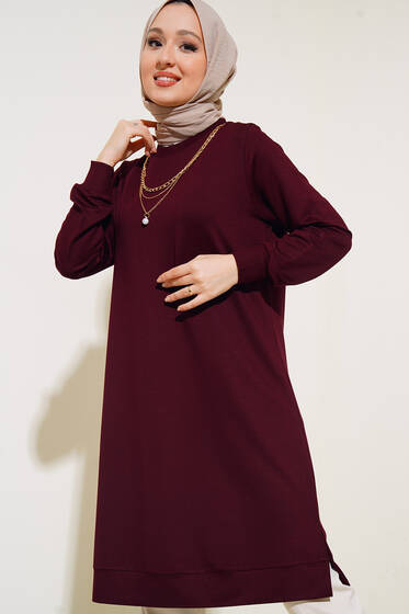 Üç Zincir Kolyeli Uzun Tunik Bordo - Tunik