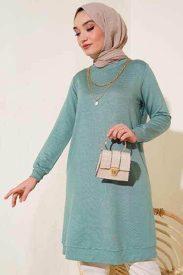 Üç Zincir Kolyeli Uzun Tunik Çağla Yeşili - Tunik