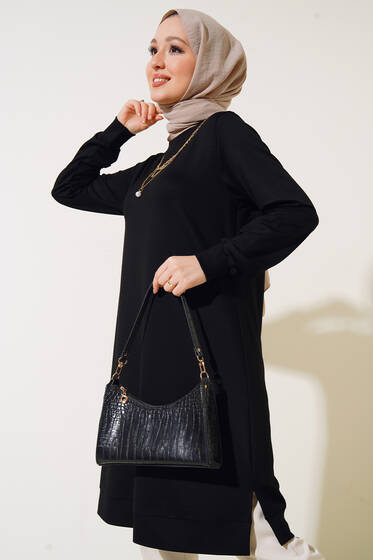 Üç Zincir Kolyeli Uzun Tunik Siyah - Tunik