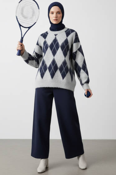 Üçgen Baklava Desenli Triko Kazak Gri Lacivert - Triko Kazak