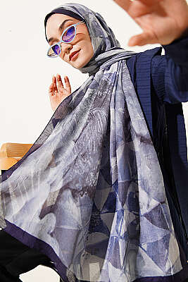 Üçgen Desen Bambu Kraş Şal Lacivert 