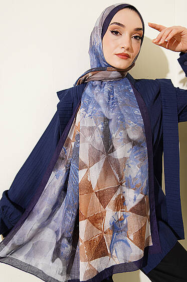 Üçgen Desen Bambu Kraş Şal Lacivert Mavi - Başörtüsü