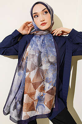 Üçgen Desen Bambu Kraş Şal Lacivert Mavi - Başörtüsü