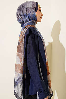 Üçgen Desen Bambu Kraş Şal Lacivert Mavi - Başörtüsü