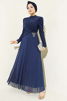Üçgen Taş Detaylı Drapeli Tül Abiye Lacivert - CNR TEKSTİL