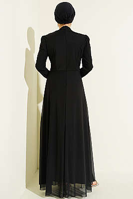 Üçgen Taş Detaylı Drapeli Tül Abiye Siyah - Elbise