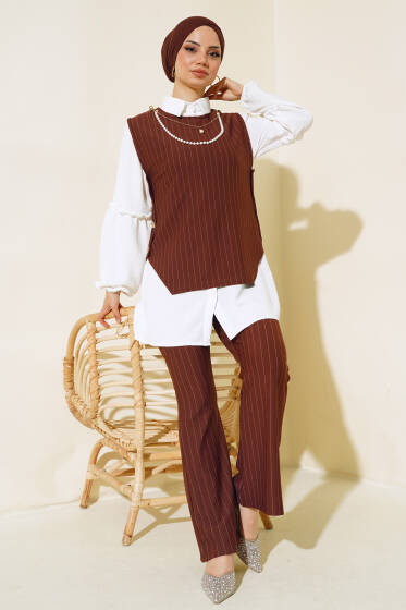 Üçlü Çizgili Takım Kahve - İkili Takım