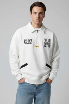 Universal Nakışlı Fermuarlı Erkek Sweatshirt Ekru - MACINIST