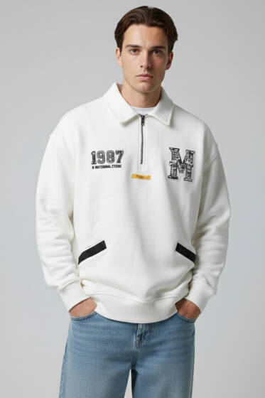 Universal Nakışlı Fermuarlı Erkek Sweatshirt Ekru - Erkek Sweatshirt