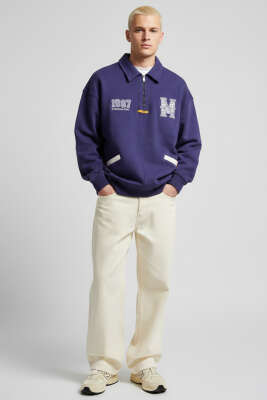 Universal Nakışlı Fermuarlı Erkek Sweatshirt Lacivert - Erkek Sweatshirt