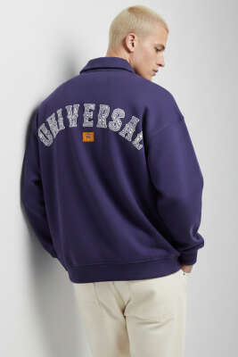 Universal Nakışlı Fermuarlı Erkek Sweatshirt Lacivert - Erkek Sweatshirt