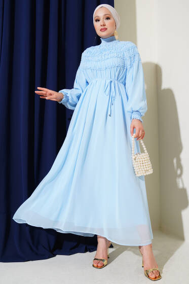 Üstü Lastik Büzgülü Şifon Elbise Bebe Mavi - Elbise