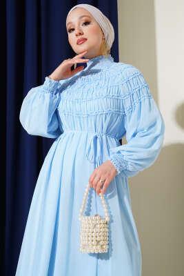 Üstü Lastik Büzgülü Şifon Elbise Bebe Mavi - Tesettür Elbise