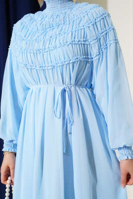 Üstü Lastik Büzgülü Şifon Elbise Bebe Mavi - Tesettür Elbise