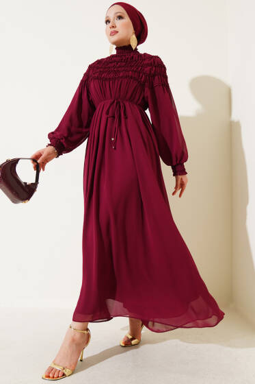 Üstü Lastik Büzgülü Şifon Elbise Bordo - Elbise