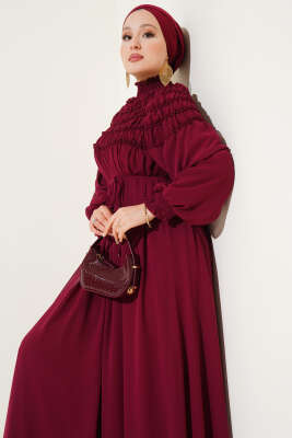 Üstü Lastik Büzgülü Şifon Elbise Bordo - Tesettür Elbise