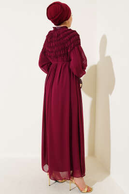 Üstü Lastik Büzgülü Şifon Elbise Bordo - Tesettür Elbise
