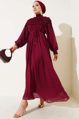 Üstü Lastik Büzgülü Şifon Elbise Bordo 