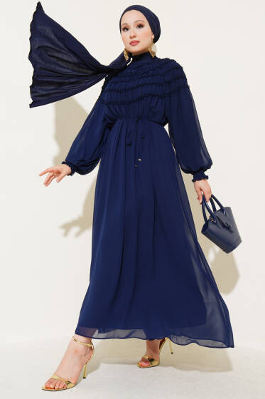 Üstü Lastik Büzgülü Şifon Elbise Lacivert - Elbise