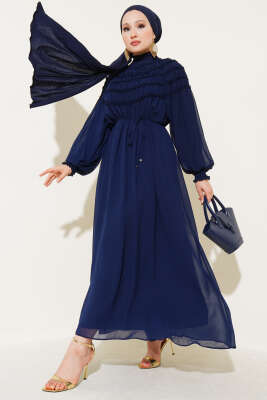 Üstü Lastik Büzgülü Şifon Elbise Lacivert 
