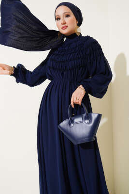 Üstü Lastik Büzgülü Şifon Elbise Lacivert - Tesettür Elbise