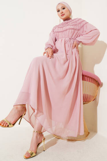 Üstü Lastik Büzgülü Şifon Elbise Pembe - Elbise