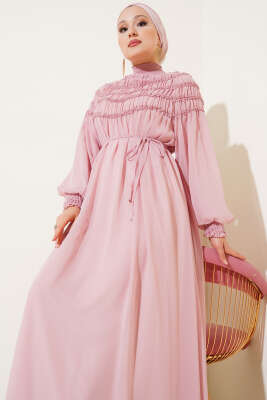 Üstü Lastik Büzgülü Şifon Elbise Pembe - Tesettür Elbise