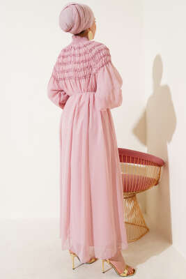 Üstü Lastik Büzgülü Şifon Elbise Pembe - Tesettür Elbise