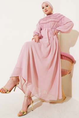 Üstü Lastik Büzgülü Şifon Elbise Pembe 