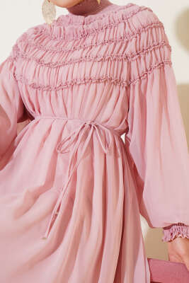 Üstü Lastik Büzgülü Şifon Elbise Pembe - Tesettür Elbise