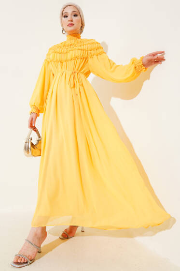 Üstü Lastik Büzgülü Şifon Elbise Sarı - Elbise