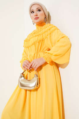 Üstü Lastik Büzgülü Şifon Elbise Sarı - Tesettür Elbise