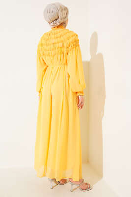 Üstü Lastik Büzgülü Şifon Elbise Sarı - Tesettür Elbise