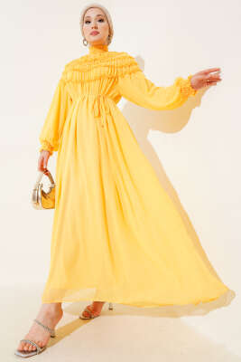Üstü Lastik Büzgülü Şifon Elbise Sarı 
