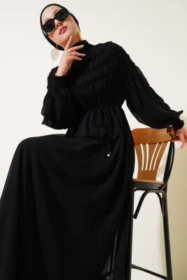 Üstü Lastik Büzgülü Şifon Elbise Siyah - Tesettür Elbise