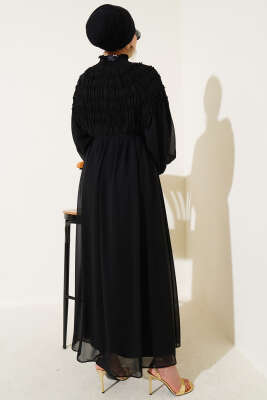 Üstü Lastik Büzgülü Şifon Elbise Siyah - Tesettür Elbise