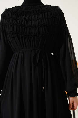 Üstü Lastik Büzgülü Şifon Elbise Siyah - Tesettür Elbise