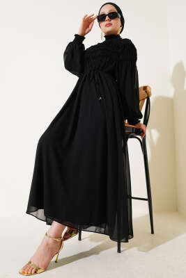 Üstü Lastik Büzgülü Şifon Elbise Siyah - Tesettür Elbise