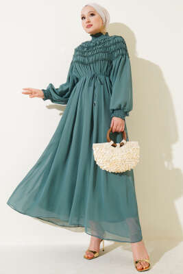 Üstü Lastik Büzgülü Şifon Elbise Yeşil 