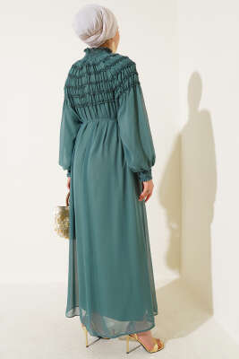 Üstü Lastik Büzgülü Şifon Elbise Yeşil - Tesettür Elbise