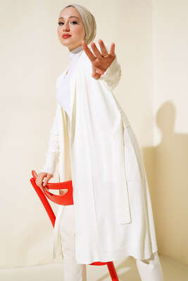 Üzüm Kol Bağcıklı Uzun Hırka Ekru 