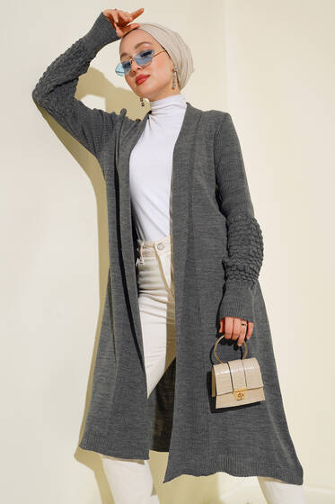 Üzüm Kol Bağcıklı Uzun Hırka Füme - Hırka