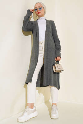 Üzüm Kol Bağcıklı Uzun Hırka Füme - Triko Hırka