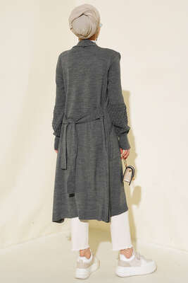 Üzüm Kol Bağcıklı Uzun Hırka Füme - Triko Hırka